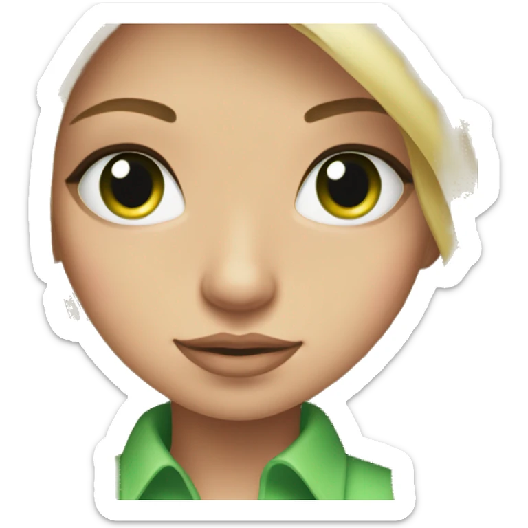 Pretty long blonde hair, green eyes, long eyelashes and a pink shirt sticker