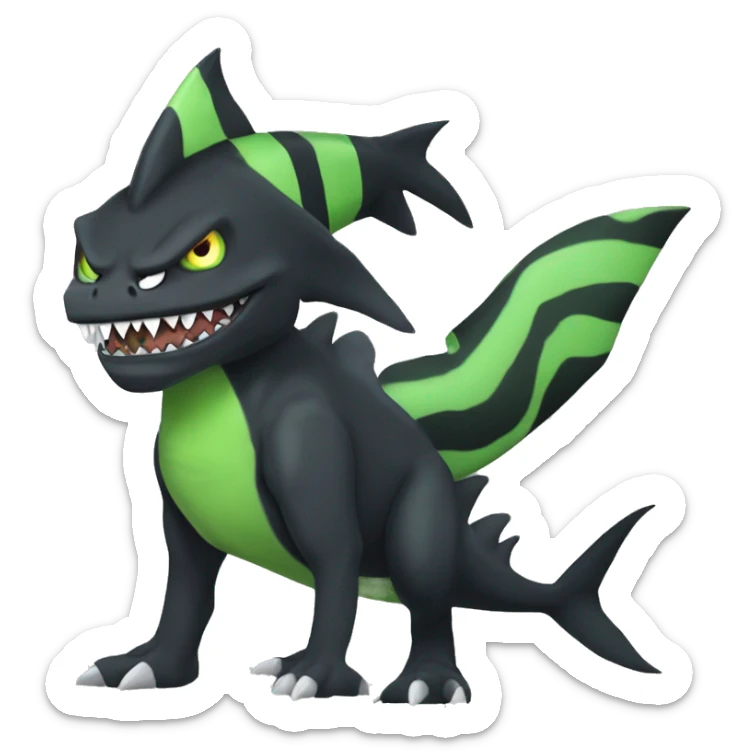 Digimon-Fakémon, horns, black body, green mane, anthro, furry, shark, black skull face, black skull mask, green stripes, tufted tail, full body, shark, creature, vernid, sticker