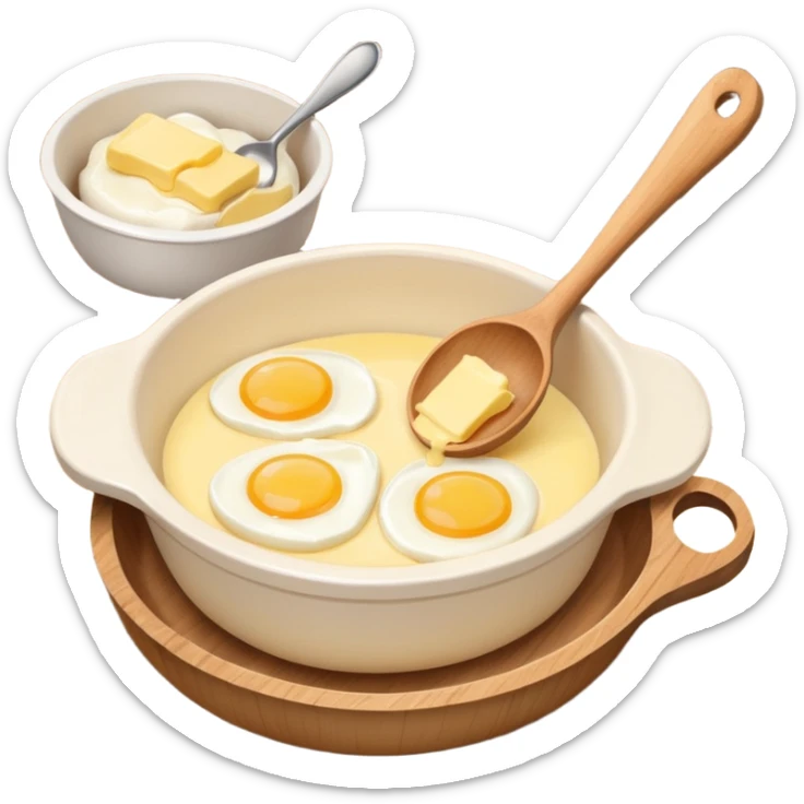 A cream ceramic baking bowl with a wooden spoon in it, a carton of eggs and butter sticker