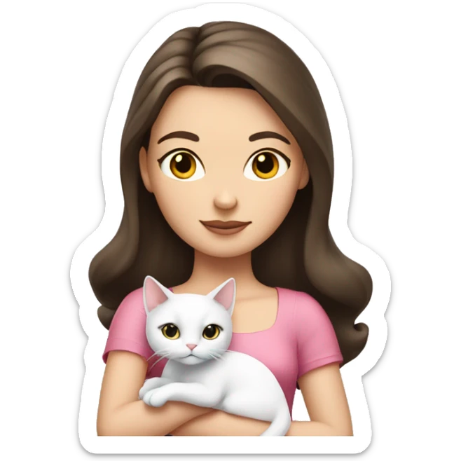 A brunette white girl with pink dress holding a white cat sticker