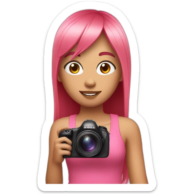 girl with long, straight rose hair with bangs and holding camera and wearing pink tank top sticker