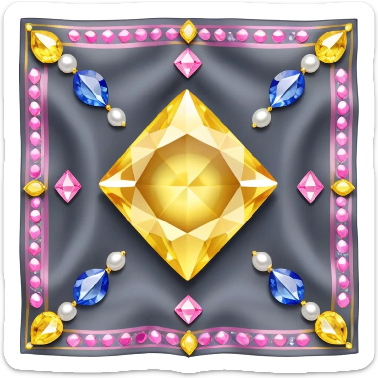 Gems, pearls, yellow diamonds, pink diamonds and sapphire gems on a dark grey silk scarf  sticker