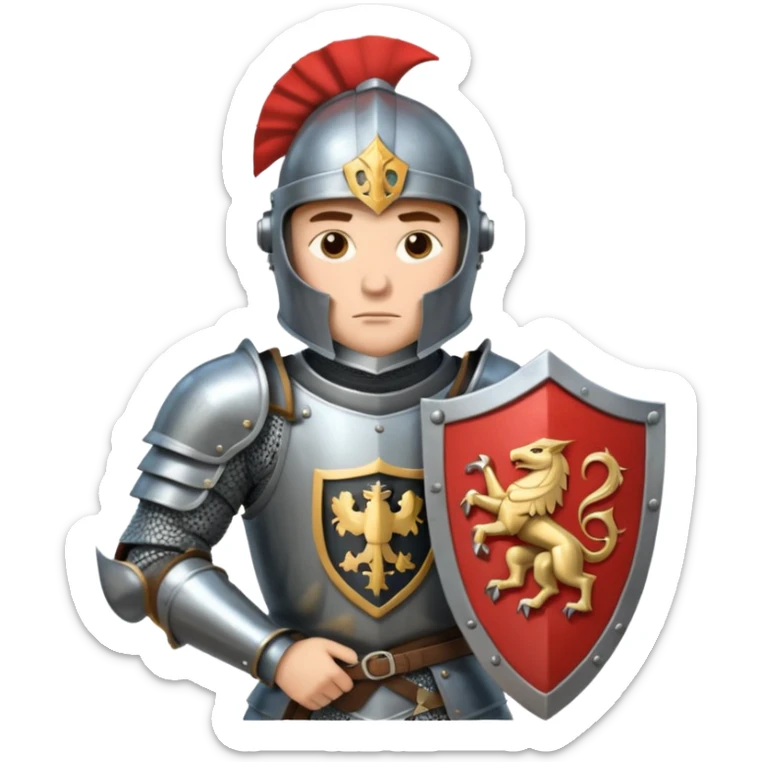 An emoji portrait of a medieval knight. He wears a suit of armor with a stylized helmet. His expression is serious and determined, and he holds a shield with a family crest. sticker