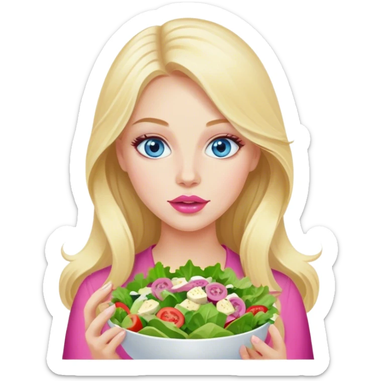 Cinematic realistic blonde with long hair, blue eyes and pink lips eats salad sticker