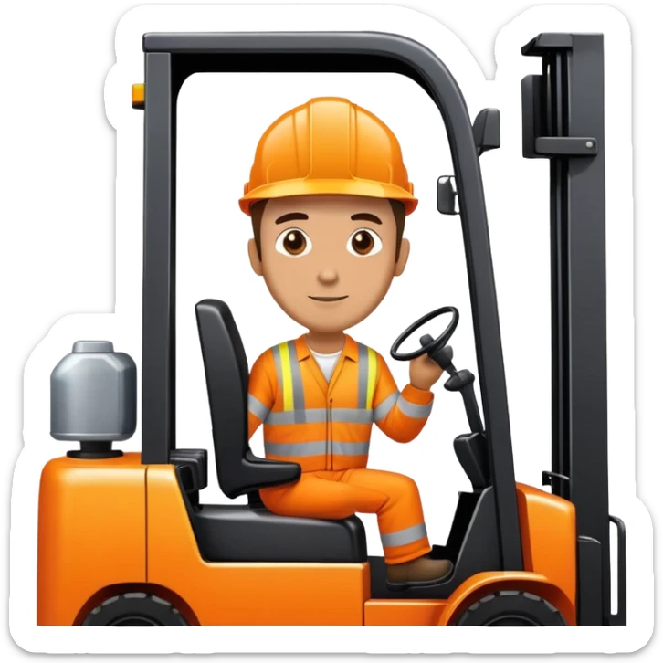man wearing orange hi visibility overalls driving a forklift truck sticker