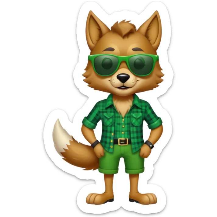 full-body friendly anthropomorphised wolf in green plaid shirt and green attire for St. Patrick's Day, wearing dark sunglasses, festive pose sticker