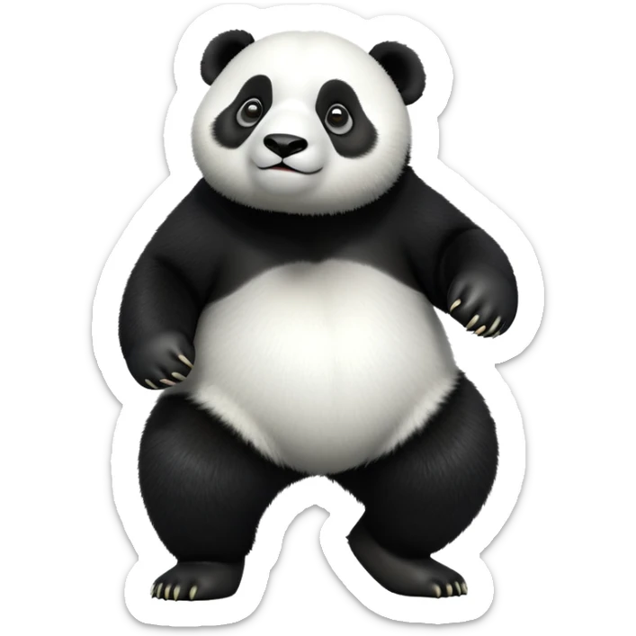 cinematic-[panda bear]-realistic-full-body-standing on all fours-emoji,-tail-tucked-close,-head-tilted-dramatically,-thick-[black and white]-fur,-simplified-yet-realistic-focused-features,-highly-detailed,-glowing-with-an-almost-sarcastic-glow sticker
