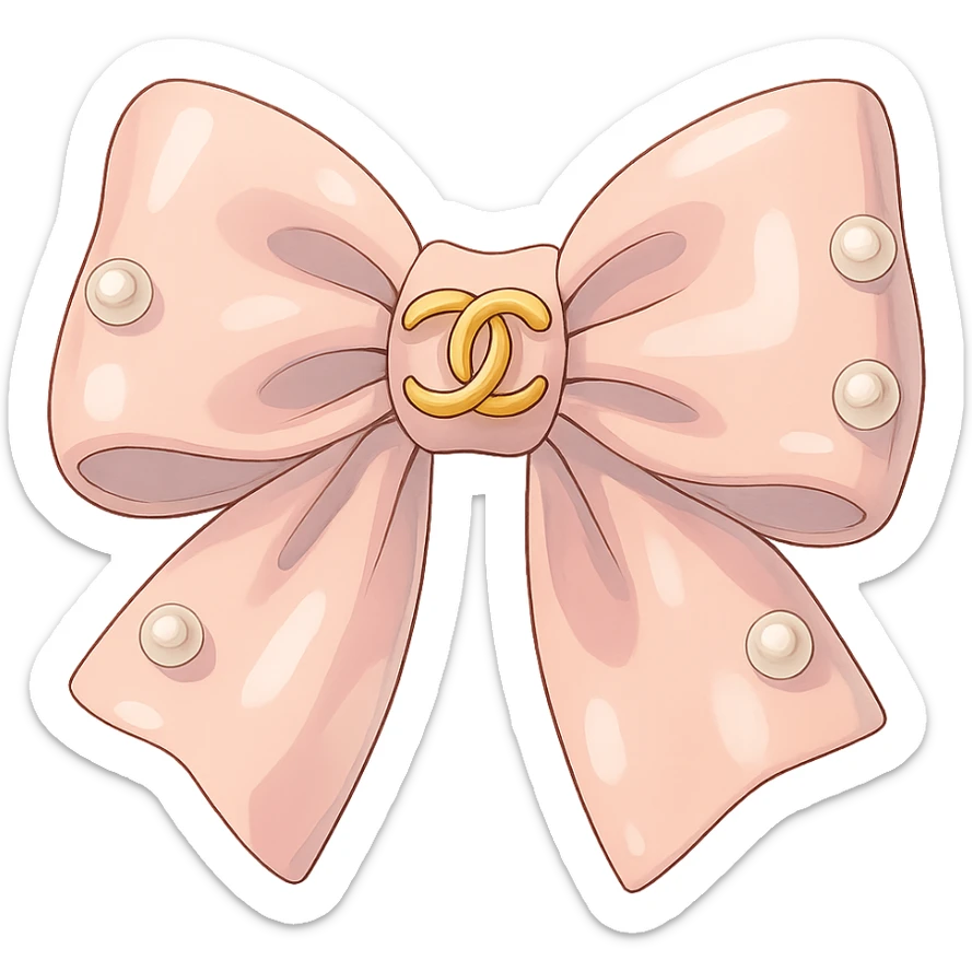 elegant bow with pearls and gold Chanel logo, glossy, pastel colors sticker