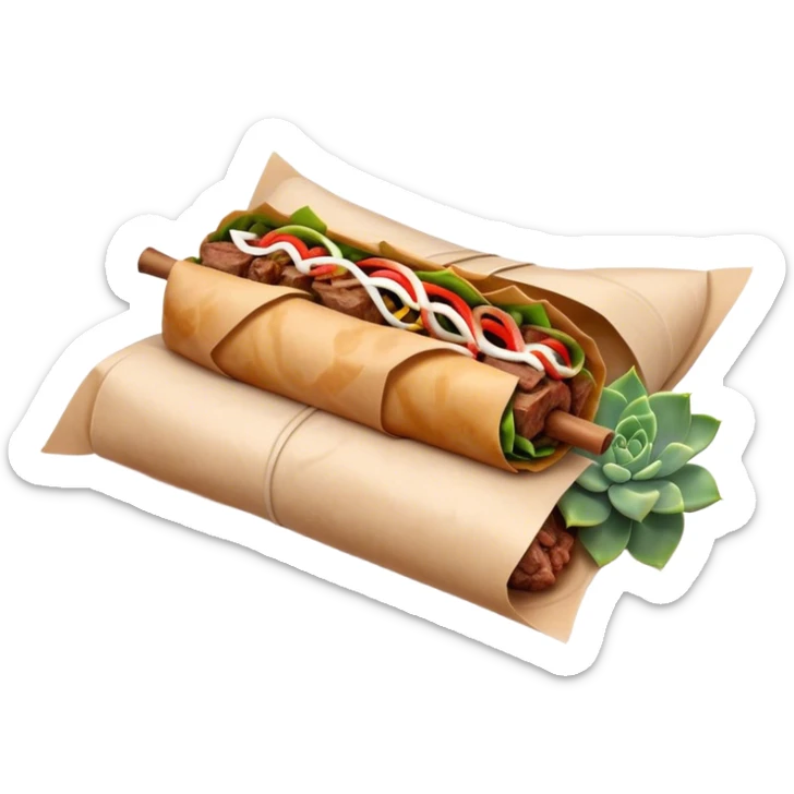 Gyros Cinematic Realistic Gyros Dish Emoji, depicted as succulent, spiced meat wrapped in paper for easy handling, rendered with lifelike textures and dynamic, warm lighting. sticker