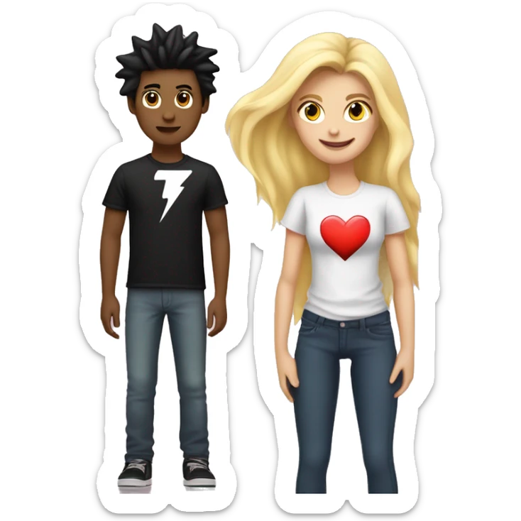 An emoji of a young girl with long blonde hair standing next to her boyfriend, who has black hair styled with the front spiked up. A heart symbol is between them, and the boy's T-shirt features a lightning bolt. sticker