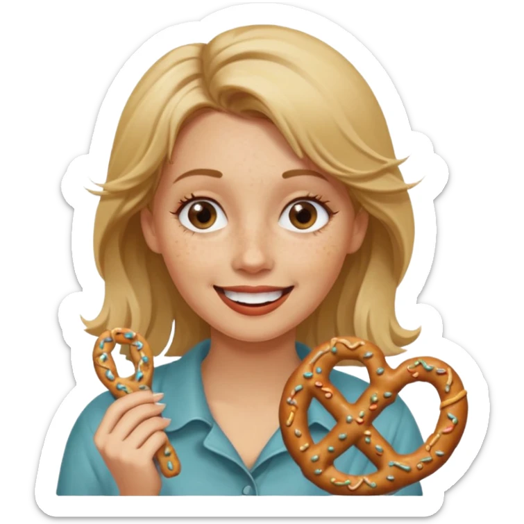 Woman with Dirty blond hair, fair skin with freckles,  holding pretzels and winking one eye sticker