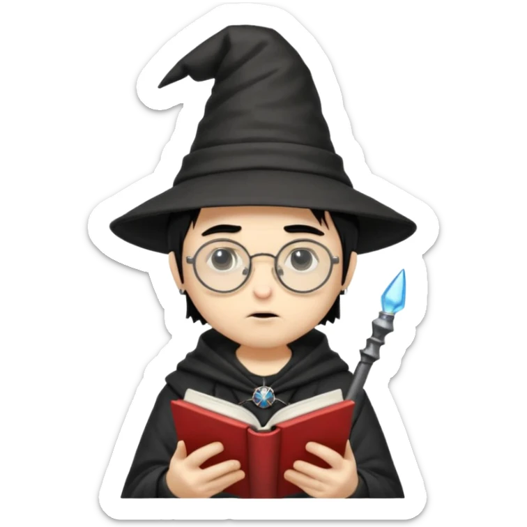 ["A sad boy with light skin, straight hair, wearing a wizard hat and round glasses, dressed in punk fashion, is reading a book while holding a phone."] sticker