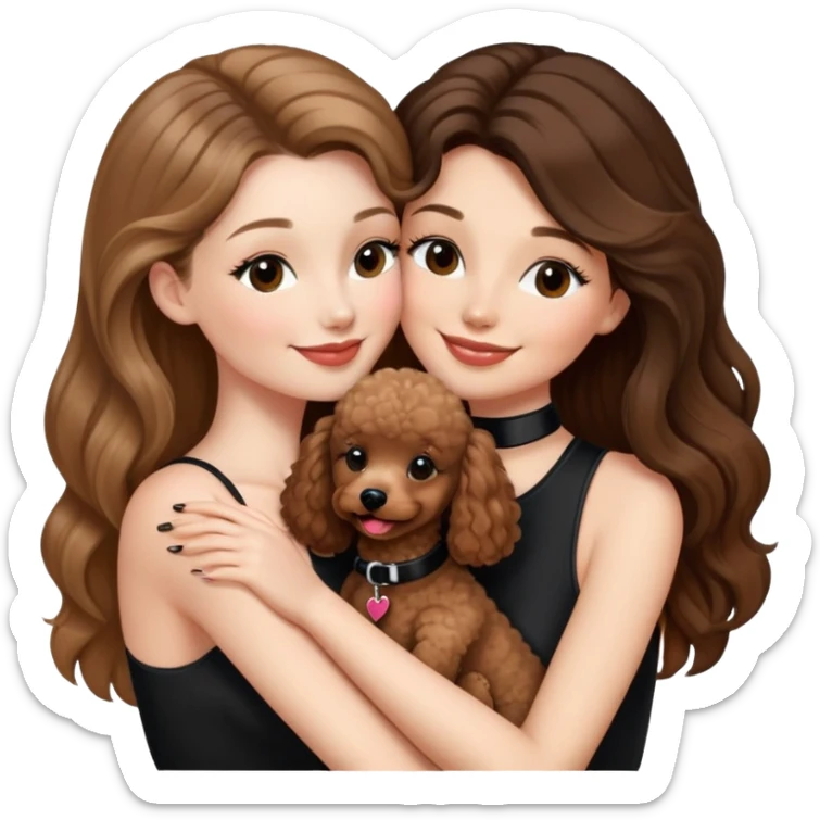 one girl with long balayage straight hair and long lashes, smiling, wearing black halterneck top, and holding and kissing a brown poodle sticker