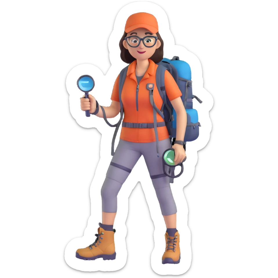 Very happy excited woman in her 40s with glasses wearing sporty outfit, hiking boots, and backpack, holding a magnifying glass sticker