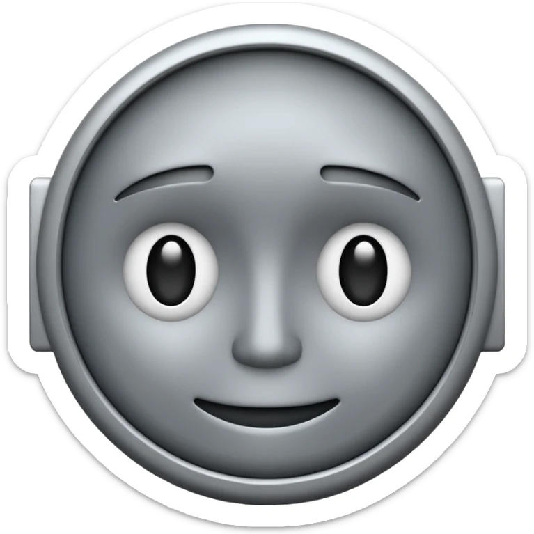 minimalist illustration of a neutral gray emoji face, pixelated and metallic, representing emotional isolation through algorithms. cold tone, grayscale color palette, subtle noise texture, geometric and mechanical look, emotionless expression, digital abstraction, soft vignette on white background. sticker