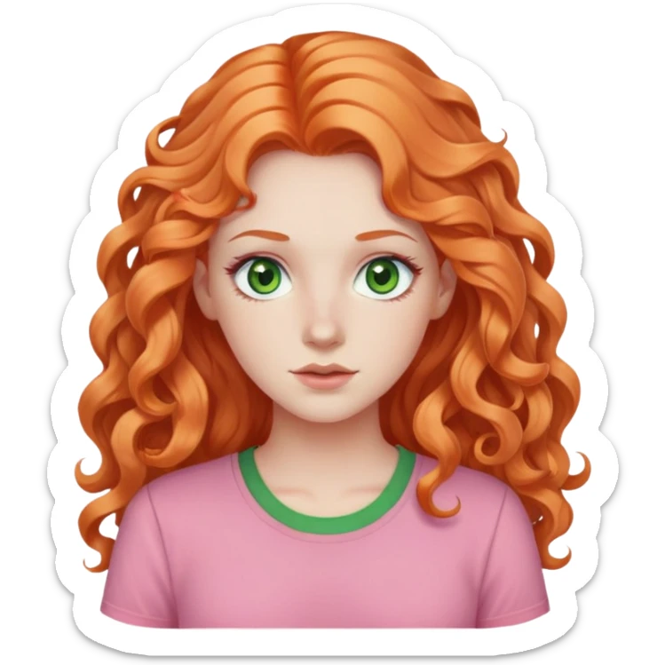 white pale girl with long curly orange hair, green eyes, pink shirt sticker