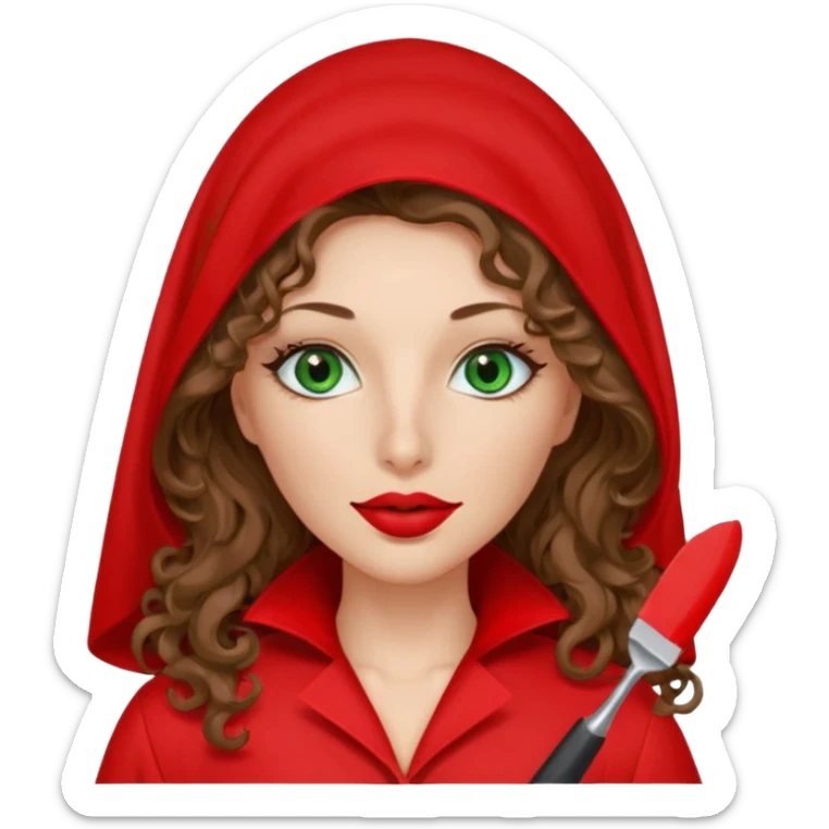 Lilith symbol sexy evil woman. She has green eyes.  had brown long curly hair.  evil surgeon kills with scalpel wears red sexy doctor coat with red mouth cover red gloves. Covers nose, neck  and mouth with Muslim red berka sticker