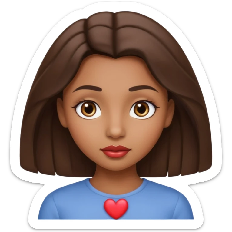 brown-skinned girl with slightly wavy hair, straight nose, heart-shaped lips, round eyes and face, soft eyebrows, long lashes, neutral expression, shown from the waist up sticker