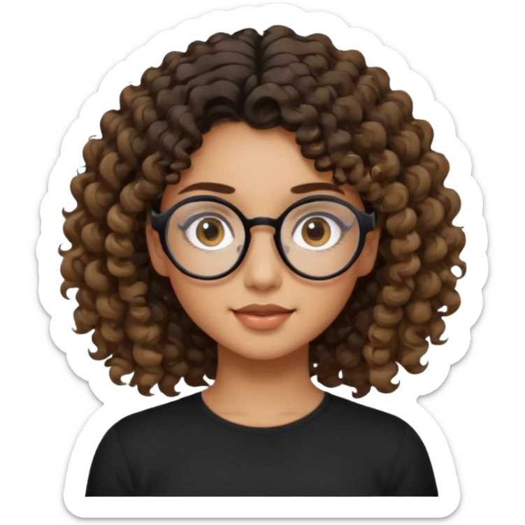un chica con pelo rizado tiene hecha una coleta y con dos rizos sueltos en la parte de alante que le llega hasta el cuello. luego pil un poco morena ojos marrones y tiene gafas negras y son exagonales pero un poco redondeadas. sticker