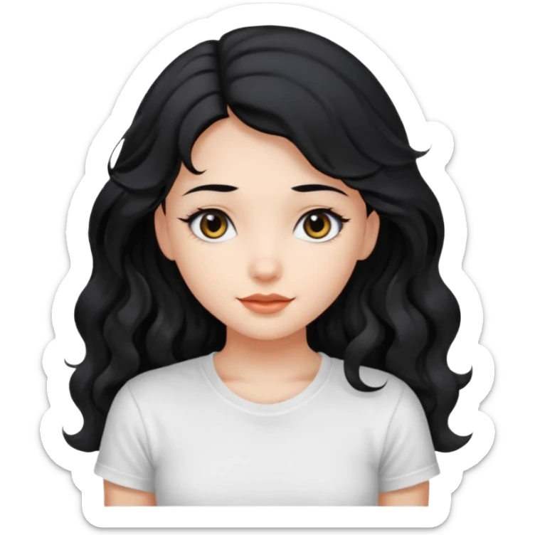 Cute beautiful girl,Black hair,wavy long hair, Black eyes, white T-shirt sticker