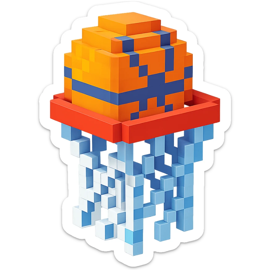 Voxel-style basketball in a net, no background, variation 4. sticker