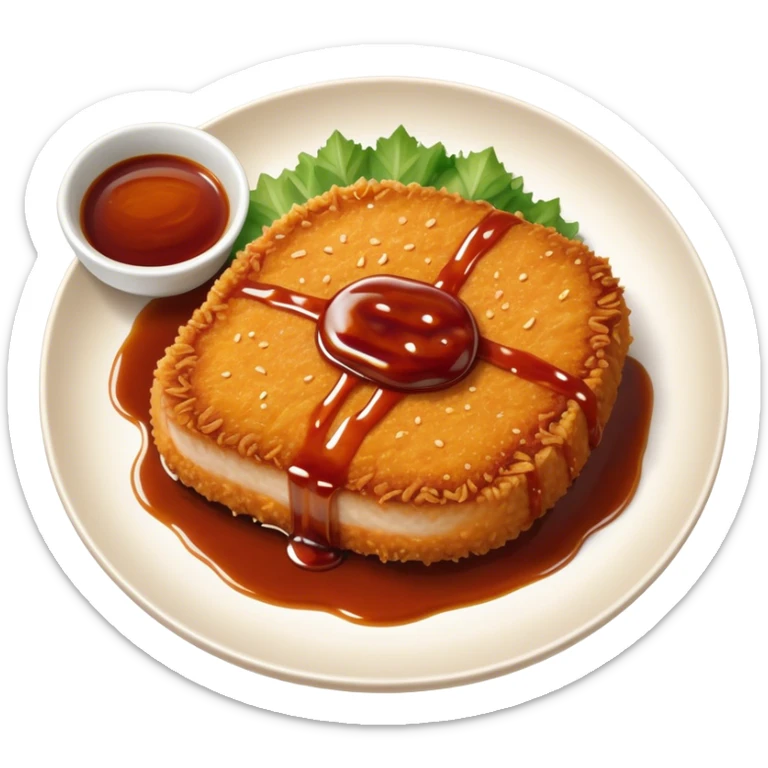 Tonkatsu Cinematic Realistic Tonkatsu Dish Emoji, depicted as a golden, crispy pork cutlet drizzled with tangy BBQ sauce, rendered with detailed textures and dynamic, appetizing lighting. sticker