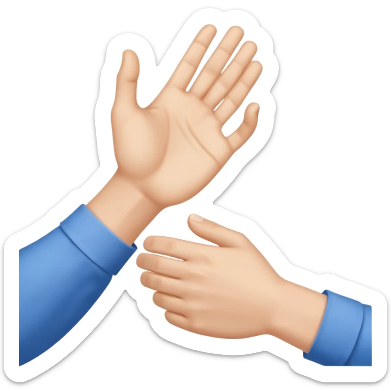 Close-up of a handshake gesture, both hands wearing blue shirt sleeves sticker