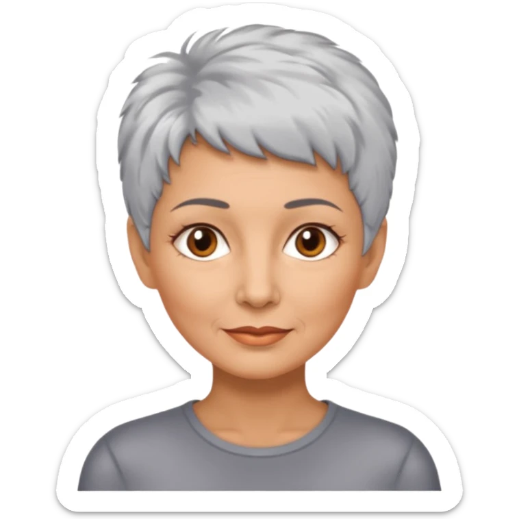 woman 50 years old, very short grey fluffy hair, tannes skin and brown eyes sticker