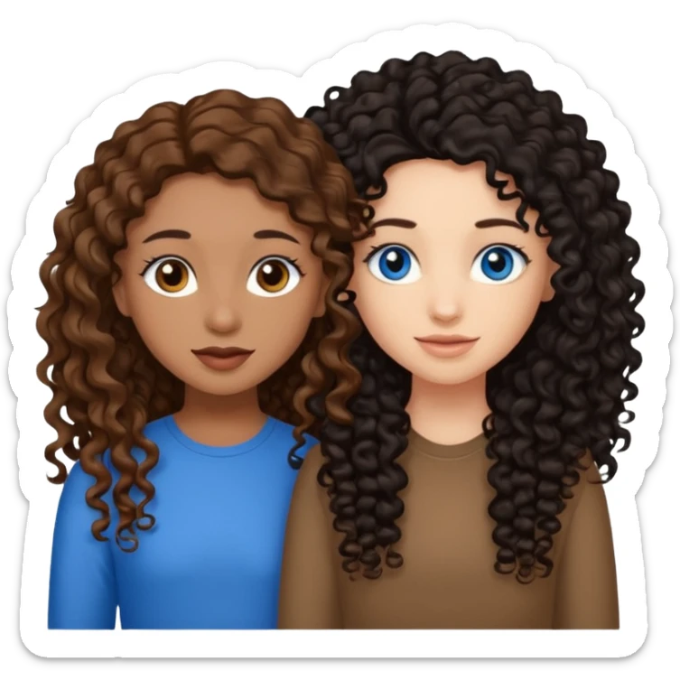 Two best friends .bestie 1: beige skin with brown long hair and blue eye. Bestie 2:mixed race skin with curly black hair and brown eye sticker
