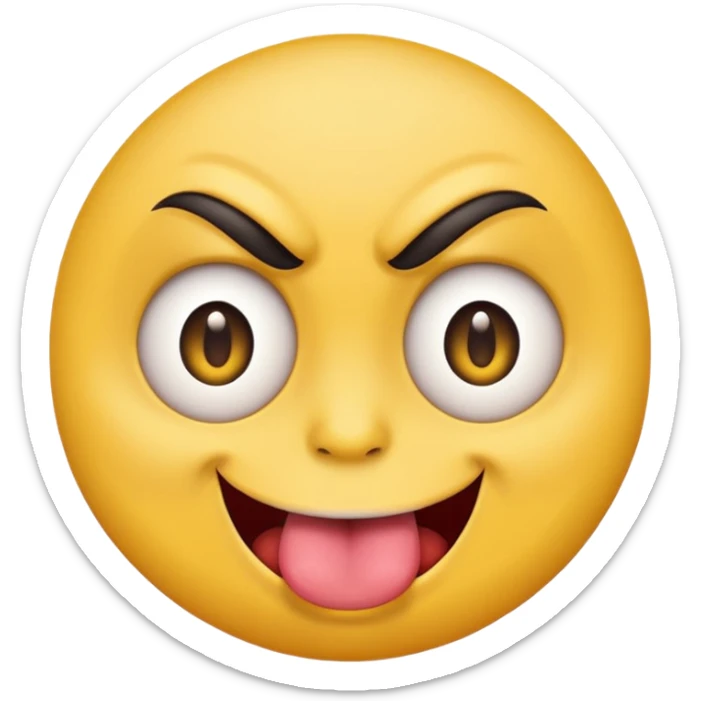 A yellow round face emoji smirking with its tounge out but the eyes are evil and kind of crazy and only one of the eyebrows is raised and the other eyebrow is lower and normal sticker
