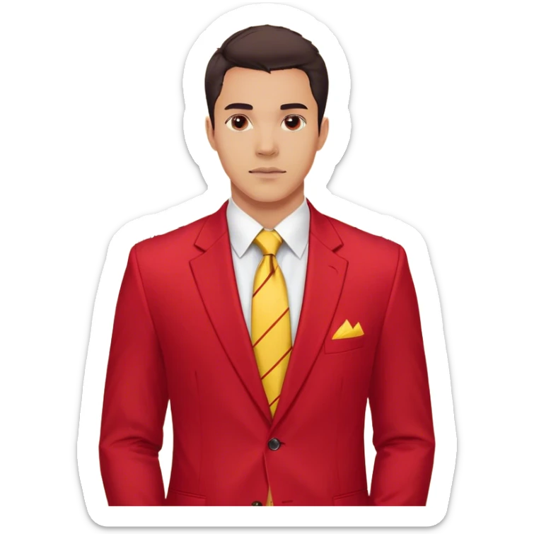 "A bust of a professional man wearing a red blazer with yellow accents, a yellow dress shirt, and a red tie, symbolizing career growth and opportunities. He has a confident expression, short well-groomed hair, and a determined look. Behind him, a financial or business growth chart (📈) with a bold red upward-trending arrow is displayed, reinforcing the theme of progress and success. The background is minimalistic, with clean lines focusing on the man’s upper torso and the business chart. The overall design is modern, professional, and business-oriented. sticker