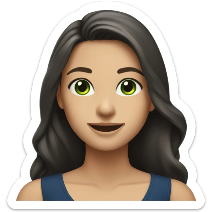 a brunette with long hair and green eyes in a dark blue blouse smiles sweetly sticker
