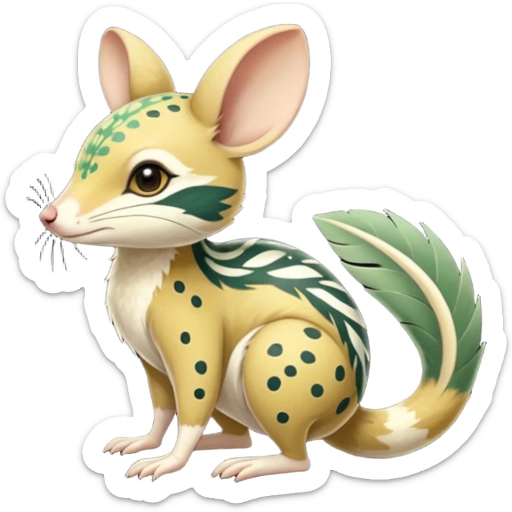 Tropical Exotic Colorful Beige-yellow, Jade-green, white specks, Floral Feathery Numbat-Bilby-Quoll-Furret-Fakémon-furry-fursona-creature (full body) with tribal markings sticker