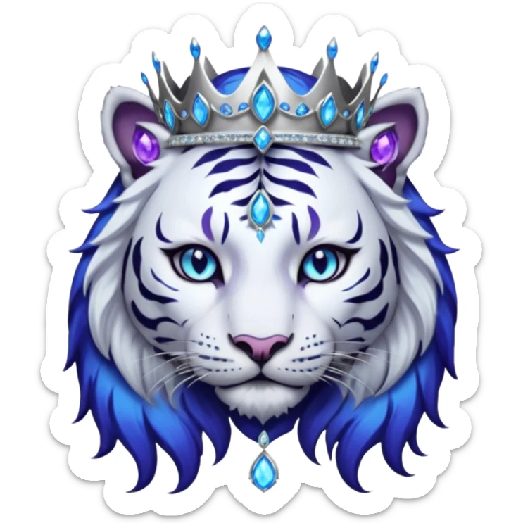ESO Female white/black tiger khajiit leader of the umbral rose, glowing blue eyes, glowing blue 'third eye' gem; silver crown/tiara with purple gems  sticker