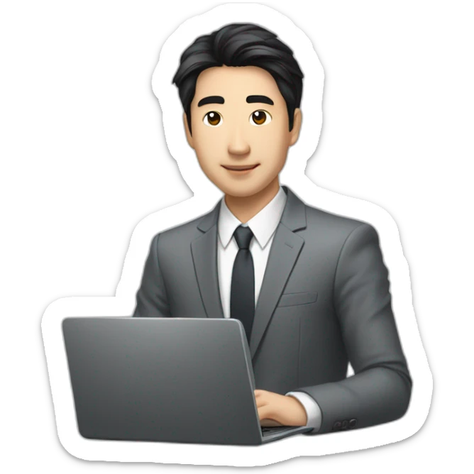 Male investment manager in professional clothes, black hair, asian, with a laptop in front of him, Half-length portrait  sticker