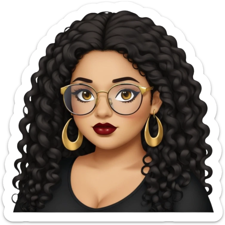 teen big plus size, latina, darker tan skin, gold earrings, long black curly hair, baddie,pretty, makeup, dark red lipgloss, black eyeliner, long hair, black top, black glasses sticker