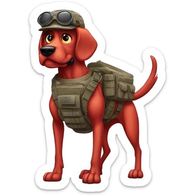 Desert storm humanoid Clifford the red dog muscled with tattoos on arms book illustration as a military call of duty character standing alone with submachine  sticker