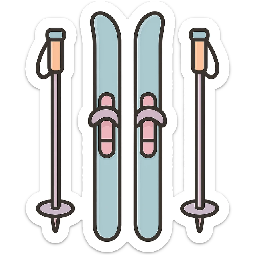 cross-country skis standing upright with poles on the sides, detailed shading, thin clean outlines, soft rounded features, pastel palette #98B5BC #B5B3C1 #C9A3C9 #E4C0CA #F7DCD1 #F7C0AA, Japanese pop art, sticker look, highly detailed, vector clarity, soft lighting, subtle shadows, transparent background sticker