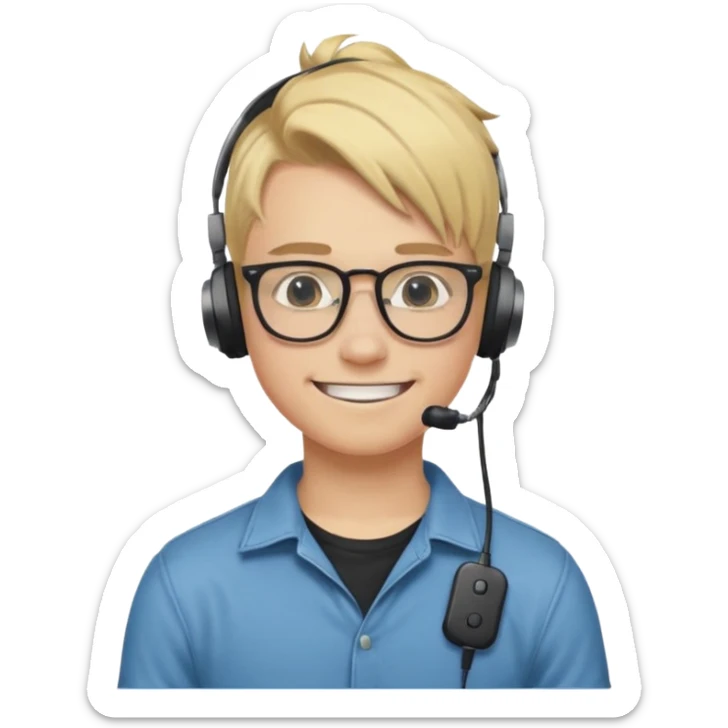 blond hair teen boy pony tail undercut with tattoo on his neck, wearing glasses, strong built, smile warmly with headphone sticker
