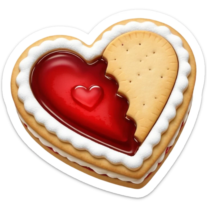 Realistic shortbread cookie in the shape of a heart with red jelly middle filling and sprinkled powder sugar on top. sticker