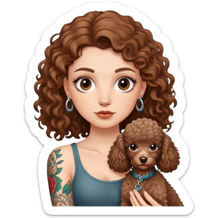 a  white girl with brown  Slightly curle long hair and tattoos and a miniature poodles sticker
