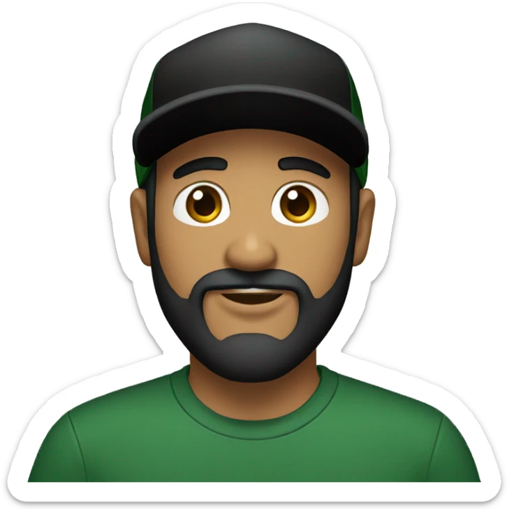 brown man with a dark beard, dark eyes, dark green t-shirt and a BLACK BLACK cap sticker
