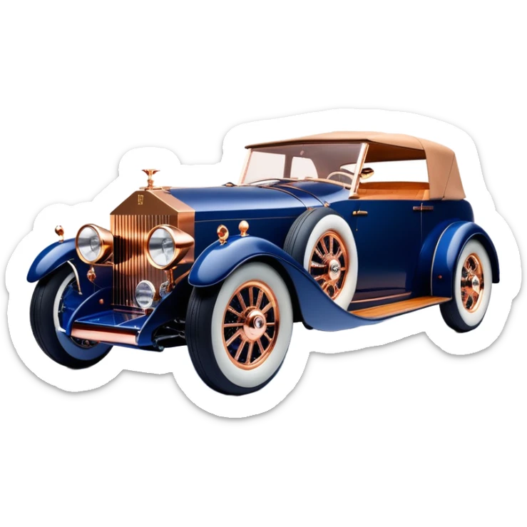 dark blue led lights on a streamlined channeled hot rodded delicately inlaid rose gold and wood accentuated sporty 1932 Rolls Royce with futuristic electric spaceship plasma neon glowing motors and lightening dynamos with wide racing wheels that are held strong by advanced suspension and steering sticker