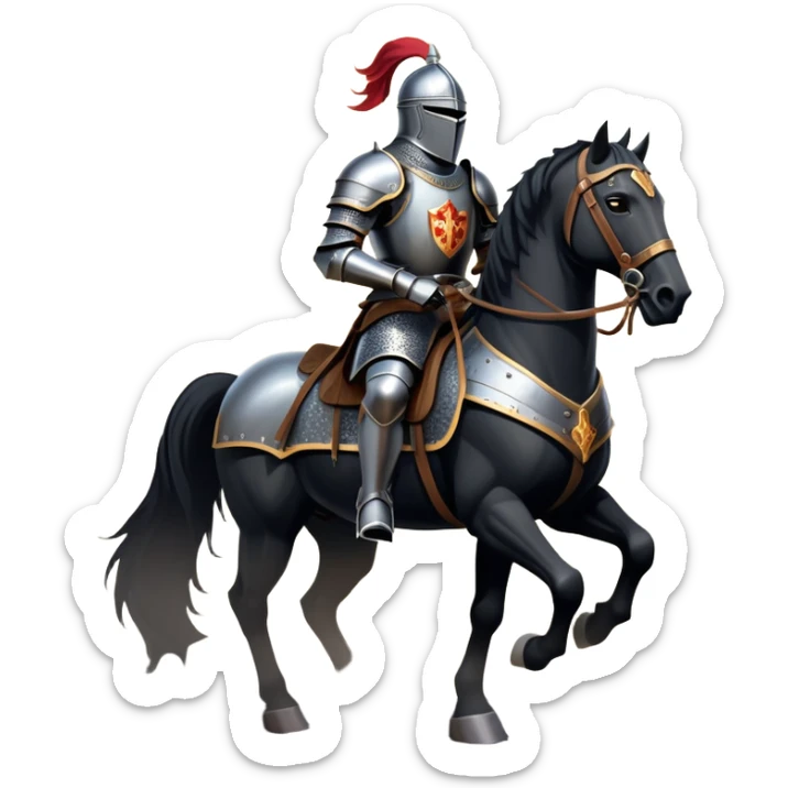 clash-of-clans-aesthetic_-cinematic-fearsome-and-majestic-knight-bust-portrait-emoji, rendered in a flat, vector-style with minimal shading and bold, simplified shapes, depicting a battle-ready medieval knight with steely eyes and intricate armor, riding on a black warhorse looking regal reflecting sunlight over a misty battlefield. sticker