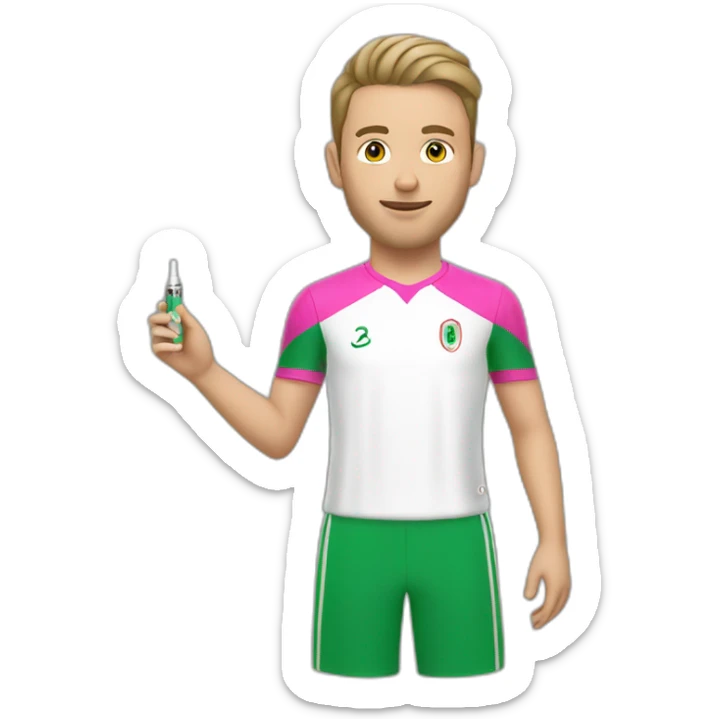 A white young man wearing Algeria's pink football shirt holding an electronic cigarette sticker