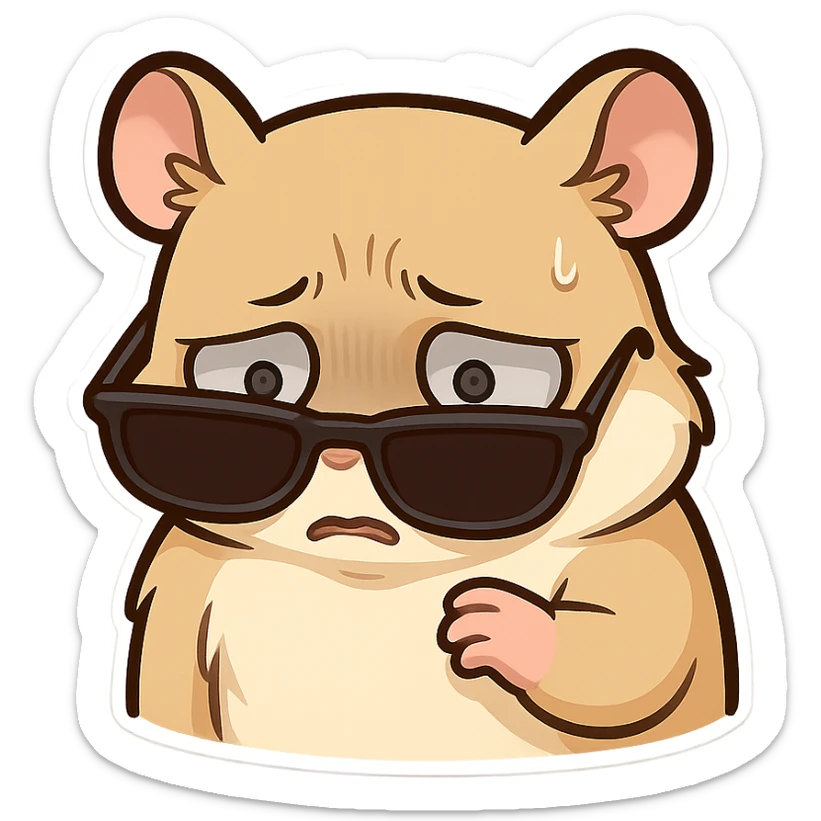 A hamster wearing sunglasses, the sunglasses have slipped down to the bottom of the eyes, the hamster lowered his head, his eyes were dull, terrified, and his face was full of disbelief sticker