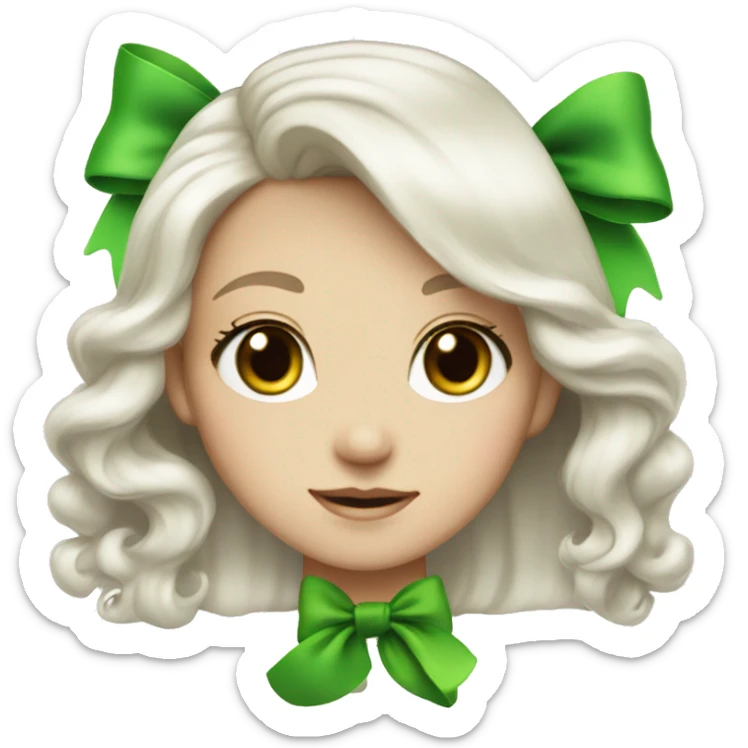 pale girl with long platinum white wavy hair with bright green eyes and wearing a black hair bow sticker
