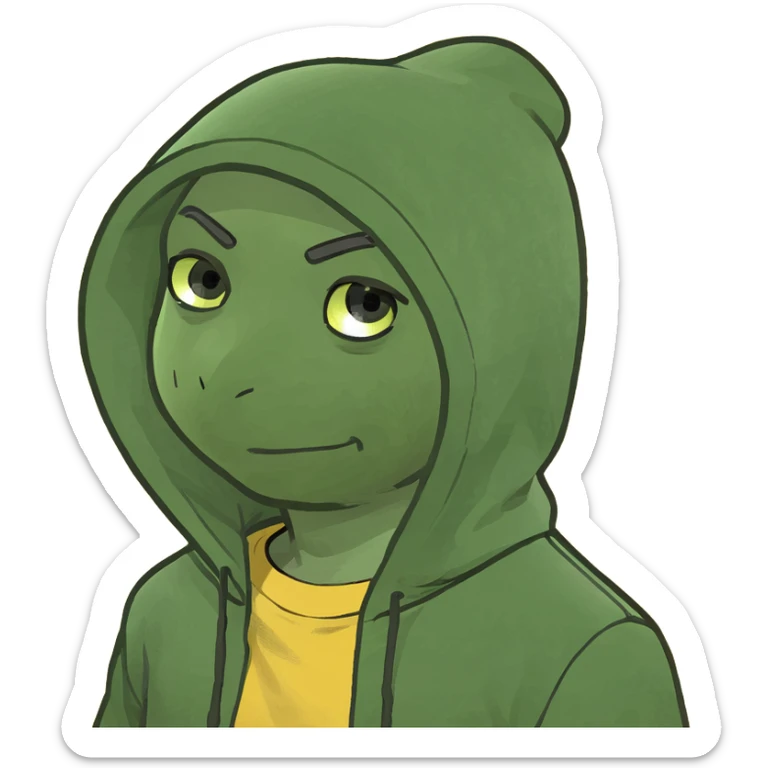 bright and expressive male visionary, fair skin, tousled golden hair, wide joyful eyes, wearing a green hoodie over a yellow tee, one hand raised with a glowing lightbulb, waist-up, front-facing sticker