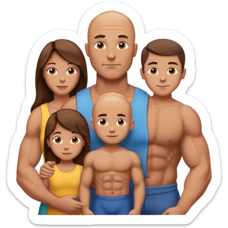 Muscular Bald man with his wife long brown hair and 3 boys sticker