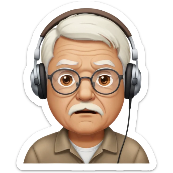 Brown old man with medium white hair, wearing glasses and headphones, looking surprised and angry, no facial hair, chubby, looking to the upper left corner sticker